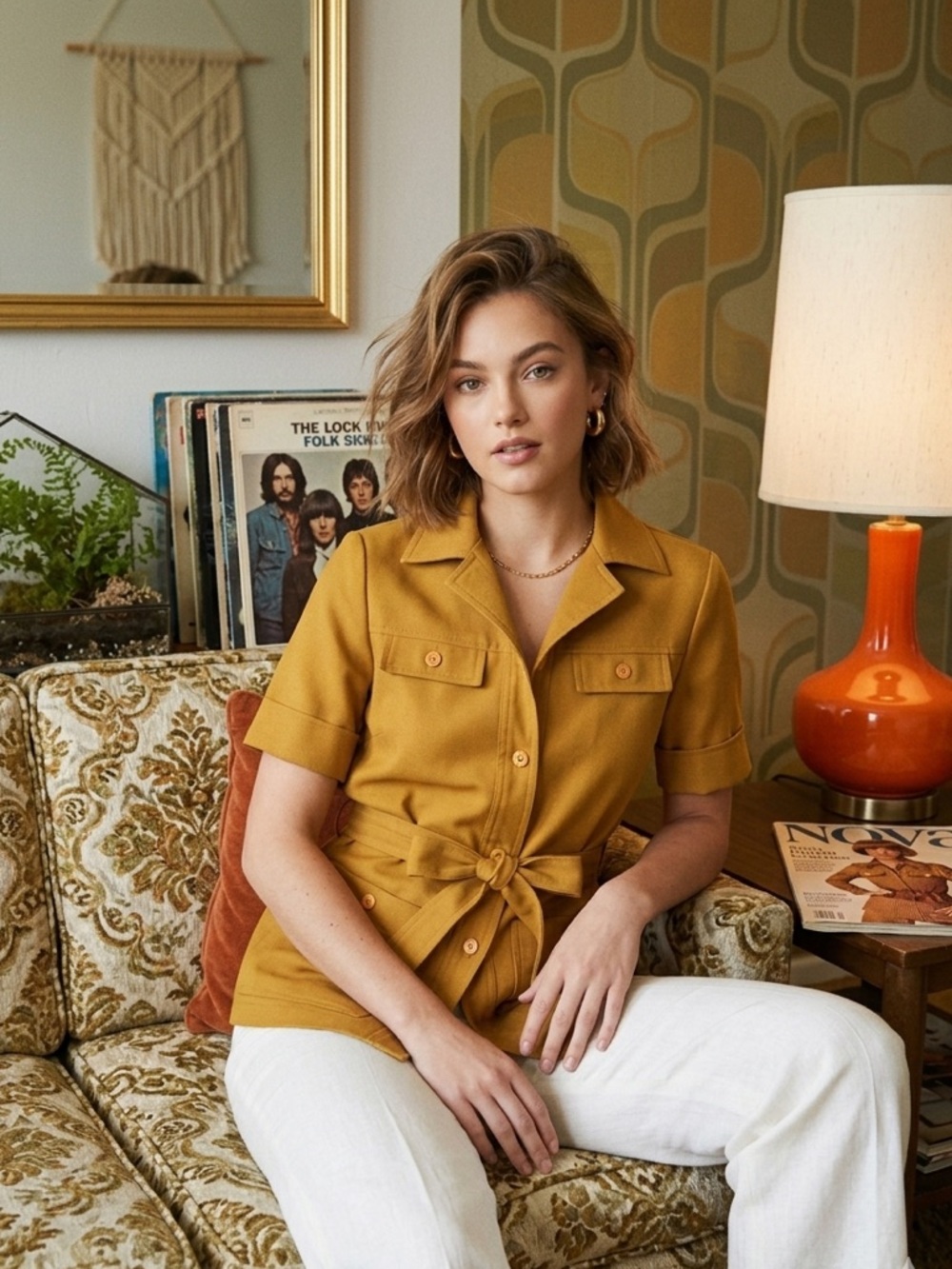 Vintage 70s Mustard Yellow Safari Jacket // Retro Utility Belted Shacket Boho S